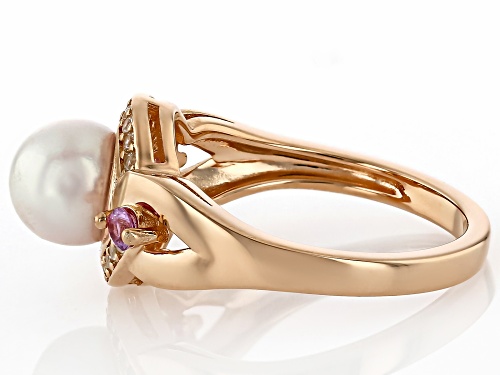7mm Cultured Japanese Akoya Pearl With Pink Sapphire & Zircon 18K Rose Gold Over Silver Ring - Size 7
