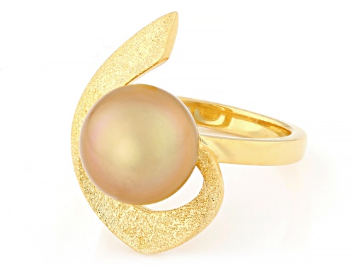 10mm Golden Cultured South Sea Pearl 18K Yellow Gold Over Sterling Silver Ring - Size 11