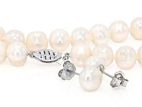 8-9mm White Cultured Freshwater Pearl Rhodium Over Silver 22 Inch Strand Necklace and Earring Set
