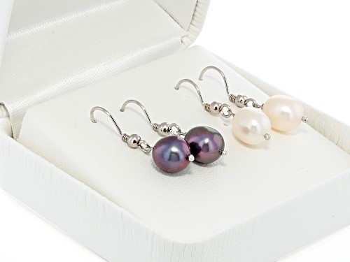 7.5mm White & Black Cultured Freshwater Pearl Rhodium Over Sterling Silver Earrings Set of 2