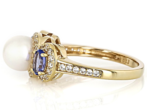 7mm White Cultured Japanese Akoya Pearl With Tanzanite & White Zircon 18K Gold Over Silver Ring - Size 7