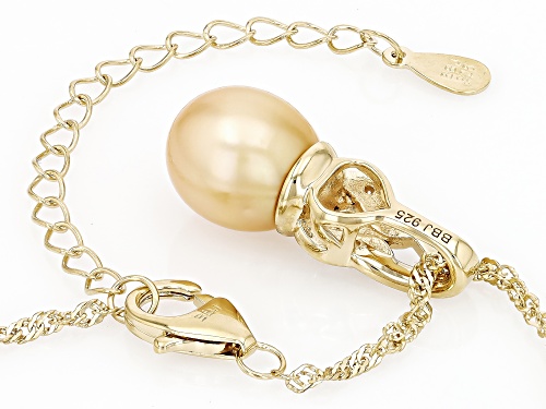 9mm Golden Cultured South Sea Pearl With Moissanite 18K Gold Over Silver Pendant With Chain
