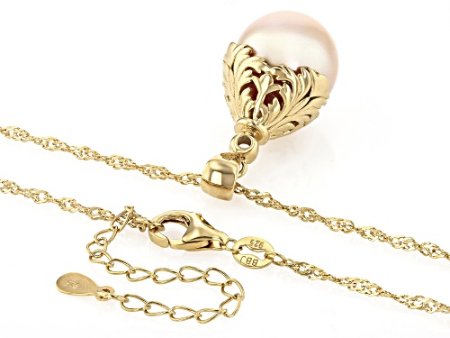 13-15mm Golden Cultured South Sea Pearl With Zircon 18k Yellow Gold Over Silver Pendant With Chain