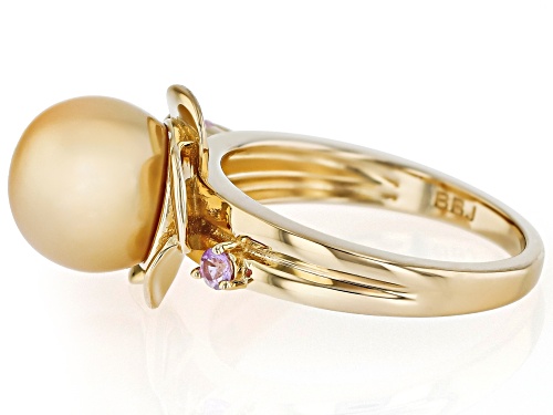 9mm Golden Cultured South Sea Pearl With Pink Sapphire 18k Yellow Gold Over Sterling Silver Ring - Size 6