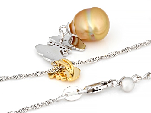 9mm Golden Cultured South Sea Pearl & Topaz Rhodium & 18k Gold Over Sterling Silver Two-Tone Pendant