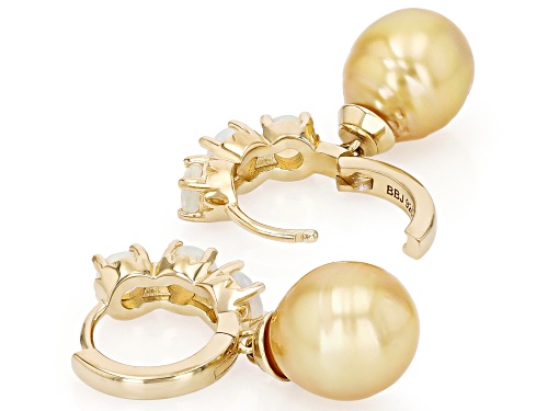 9mm Golden Cultured South Sea Pearl With Ethiopian Opal 18k Gold Over Silver Earrings