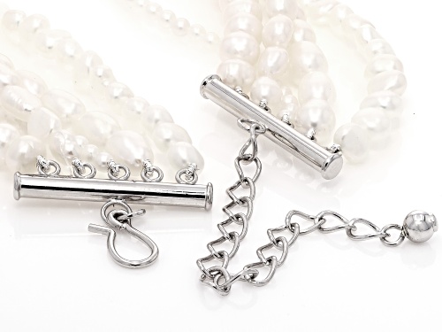 3-7mm White Cultured Freshwater Pearl Rhodium Over Sterling Silver 15.5 Inch Necklace - Size 15.5