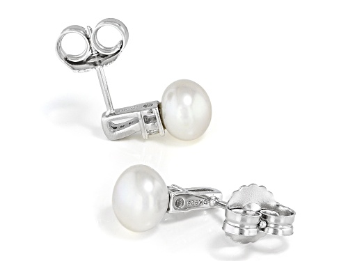 7.5mm White Cultured Freshwater Pearl With White Zircon Rhodium Over Sterling Silver Earrings
