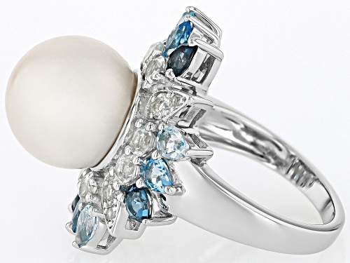 12mm White Cultured Freshwater Pearl With Blue And White Topaz Rhodium Over Sterling Silver Ring - Size 12