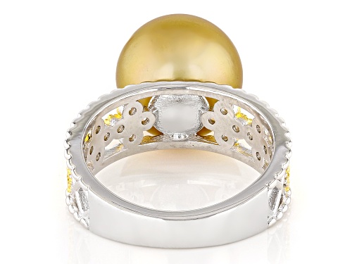 11mm Golden Cultured South Sea Pearl With Topaz 18K Gold And Rhodium Over Silver Two-Tone Ring - Size 12