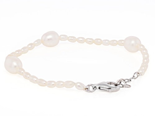 3-8.5mm White Cultured Freshwater Pearl Rhodium Over Silver 20 Inch Strand Necklace & Bracelet Set