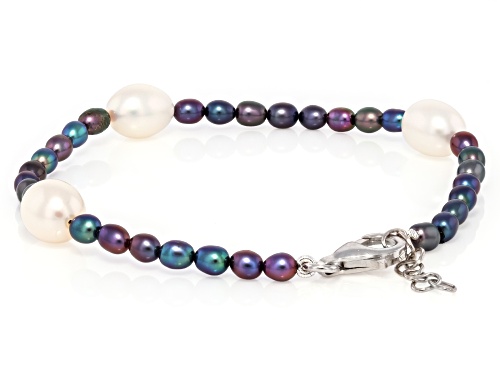 3-8.5mm Black & White Cultured Freshwater Pearl Rhodium Over Silver Strand Necklace & Bracelet Set