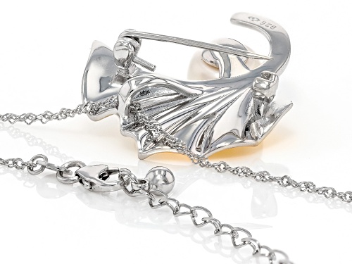 10mm White Cultured Freshwater Pearl & Topaz Rhodium & 18k Gold Over Silver Pin/Pendant With Chain