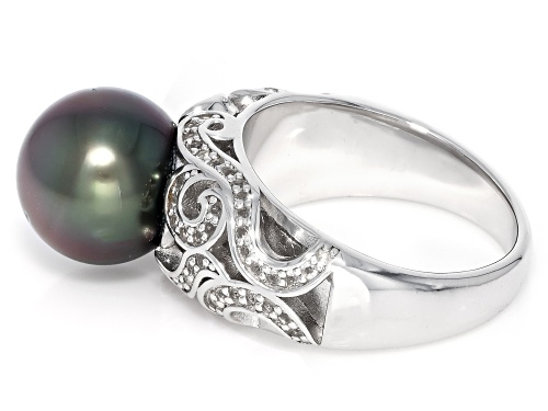 9mm Cultured Tahitian Pearl With White Topaz Rhodium Over Sterling Silver Ring - Size 12
