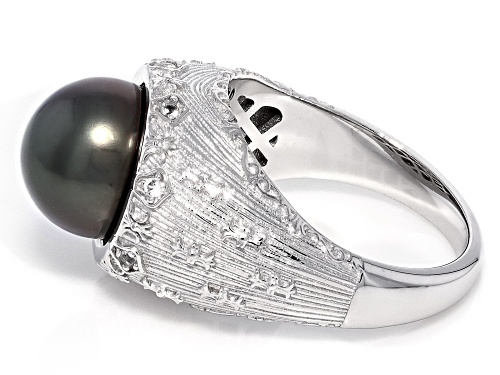 10mm Cultured Tahitian Pearl With White Topaz Rhodium Over Sterling Silver Ring - Size 10
