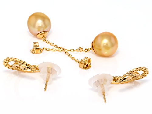 9mm Golden Cultured South Sea Pearl With Zircon 18k Yellow Gold Over Sterling silver Earrings