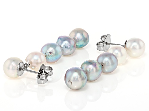 7mm Platinum Cultured Japanese Akoya Pearl Rhodium Over Sterling Silver Earrings