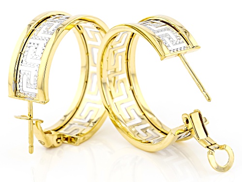 10k Yellow Gold & Rhodium Over 10k Yellow Gold Greek Key Hoop Tube Earrings