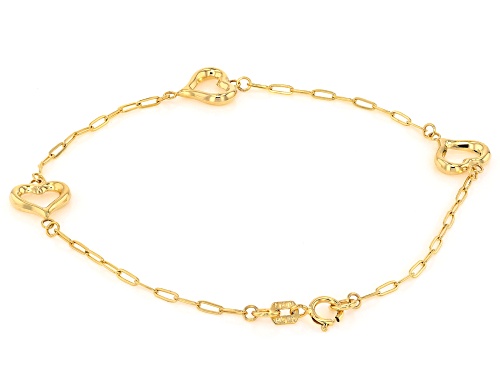 10k Yellow Gold 1.42mm Paperclip and Hearts Station Bracelet - Size 7.5