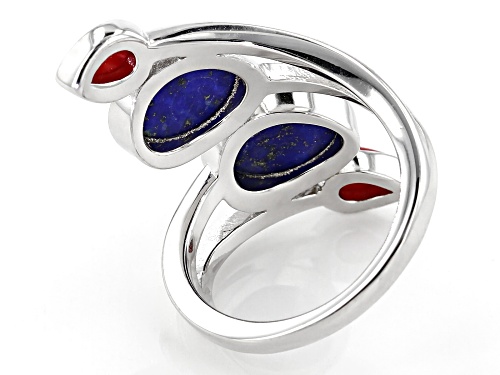 10x8mm Lapis Lazuli & 6x4mm Pear Shape Red Coral Rhodium Over Sterling Silver Bypass Ring - Size 6