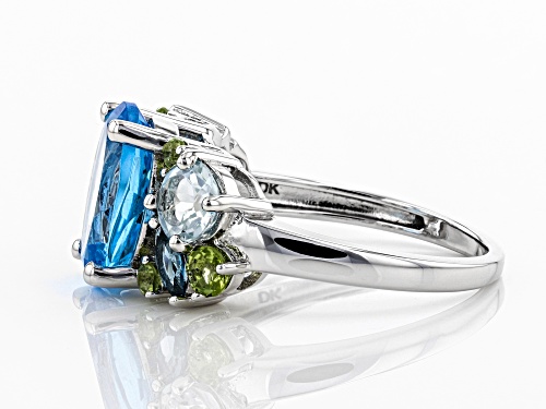 3.85ct Swiss Blue Topaz & 1.70ctw Blue Topaz & Peridot Rhodium Over Sterling Silver Ring - Size 7