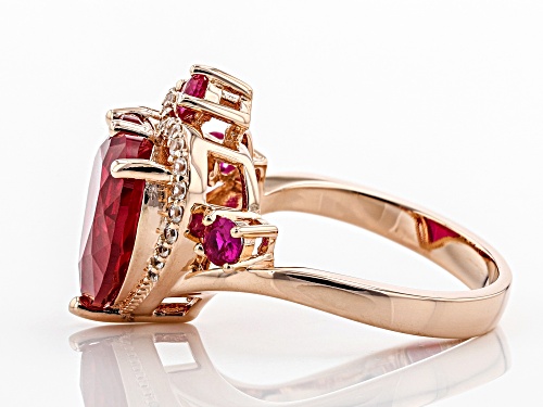 5.45ctw Heart Shape & Round Lab Created Ruby, .17ctw Zircon 18k Rose Gold Over Silver Ring - Size 9