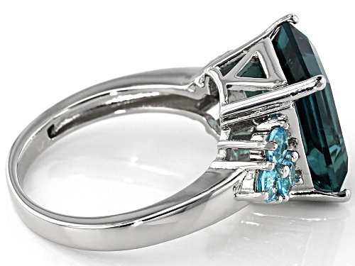 6.18CT EMERALD CUT TEAL FLUORITE & .62CTW BLUE APATITE RHODIUM OVER STERLING SILVER RING - Size 7