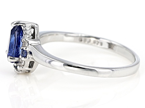 .76ct pear shape kyanite with .14ctw round blue sapphire and white zircon rhodium over silver ring - Size 9