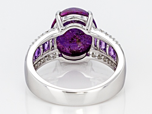 12x10mm oval purple turquoise with .51ctw amethyst and .28ctw white zircon rhodium over silver ring - Size 7