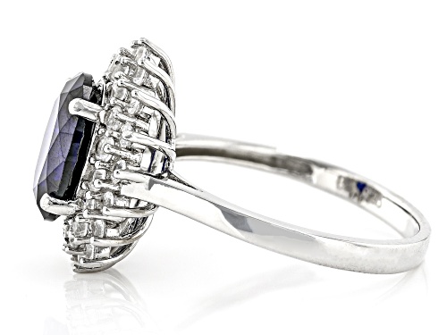 3.74ct Oval Lab Created Blue Sapphire & 1.03ctw Lab Created White Sapphire Rhodium Over Silver Ring - Size 9