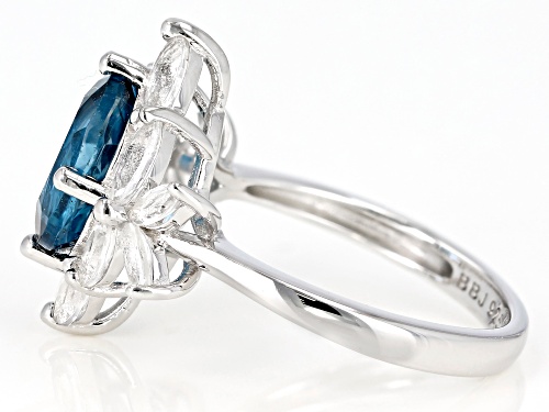 3.40CT OVAL LONDON BLUE TOPAZ & 1.37CTW MARQUISE WHITE TOPAZ RHODIUM OVER SILVER RING - Size 8
