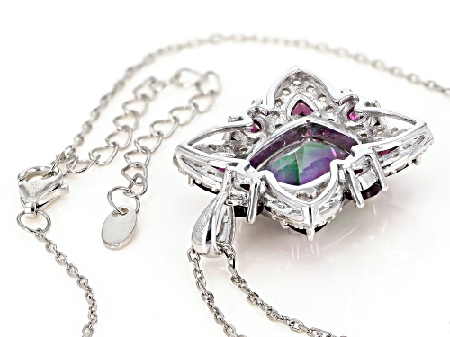 5.83ctw Multi-color Quartz, Rhodolite & White Zircon rhodium over silver pendant With Chain