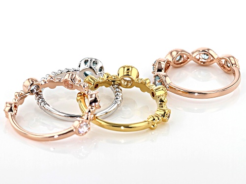 2.39ctw Round White & Blue Zircon Rhodium, 18k Rose & Yellow Gold Over Silver Stackable 4 Ring Set - Size 8