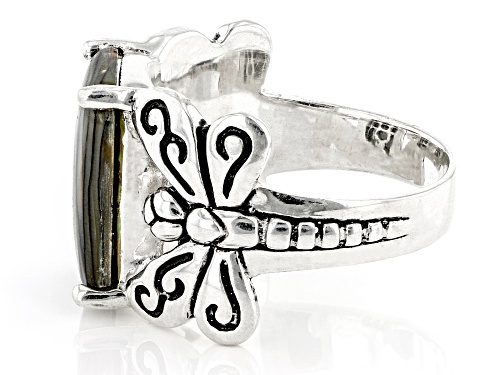 Pacific Style™ 14x10mm Rectangular Abalone Shell Rhodium Over Sterling Silver Dragonfly Ring - Size 8