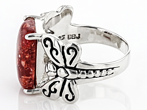 Pacific Style™ 14x10mm Rectangular Coral Rhodium Over Sterling Silver Dragonfly Ring - Size 8