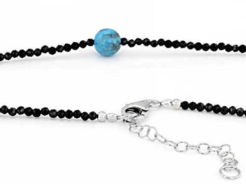 2mm Round Black Spinel With 8mm Round Turquoise Rhodium Over Silver Beaded Necklace