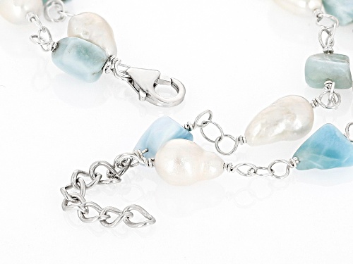 White Cultured Freshwater Baroque Pearl With Free-Form Larimar Rhodium Over Sterling Silver Bracelet - Size 7.5