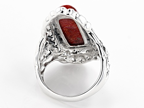 Red Sponge Coral Rectangular 20x6mm Sterling Silver Ring - Size 8