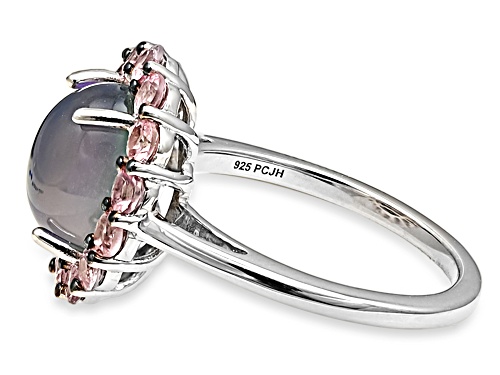 Aurora Moonstone Oval 10x8mm And Color Shift Garnet Rhodium Over Sterling Silver Halo Ring 3.83ctw - Size 8