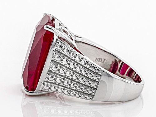 13.51ct rectangular cushion lab created ruby solitaire rhodium over sterling silver ring - Size 8