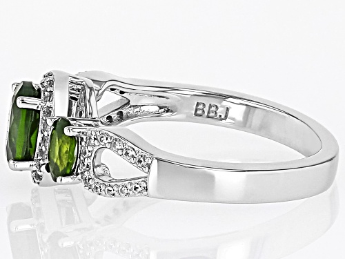 Chrome Diopside Oval 7x5mm and White Zircon Rhodium Over Sterling Silver Ring 1.48ctw - Size 8