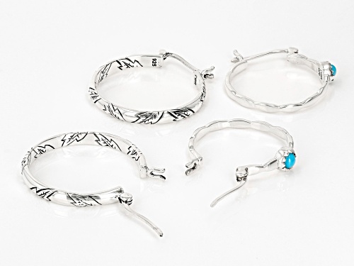 Southwest Style by JTV™ 3x3mm Sleeping Beauty Turquoise Rhodium Over Silver Hoop Earrings Set of Two