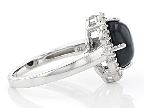 10x8mm Oval Star Blue Sapphire With 0.39ctw White Zircon Rhodium Over Sterling Silver Ring - Size 9
