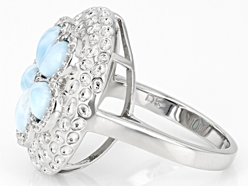 6x4mm Pear shape Larimar And 0.21ctw White Zircon Rhodium Over Sterling Silver Seashell Ring - Size 6
