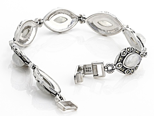 12x6mm Marquise Rainbow Moonstone With Round Marcasite Rhodium Over Sterling Silver Bracelet - Size 8