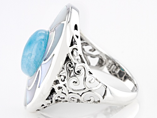 10x8mm Oval Cabochon Larimar and Free-form Mother-of-Pearl Sterling Silver Ring - Size 6