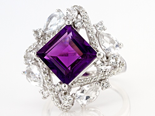 3.72ct Sqaure African Amethyst With 2.36ctw White Topaz Rhodium Over Sterling Silver Ring - Size 7