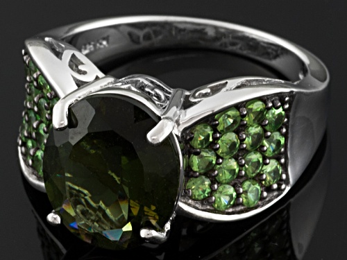 3.00ct Oval Moldavite With .80ctw Round Mint Tsavorite Rhodium Over Sterling Silver Ring - Size 7