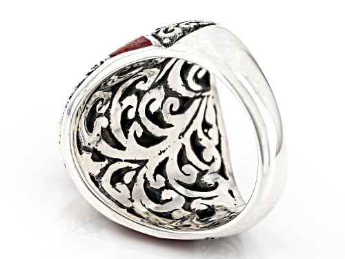 Artisan Collection of Bali™ 14x11mm Red Coral Sterling Silver Textured Inlay Ring - Size 7