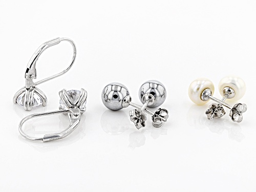 Bella Luce®2.72ctw Diamond Simulant,Cultured FW Pearl,Hematine Stud Rhodium Over Silver Earrings